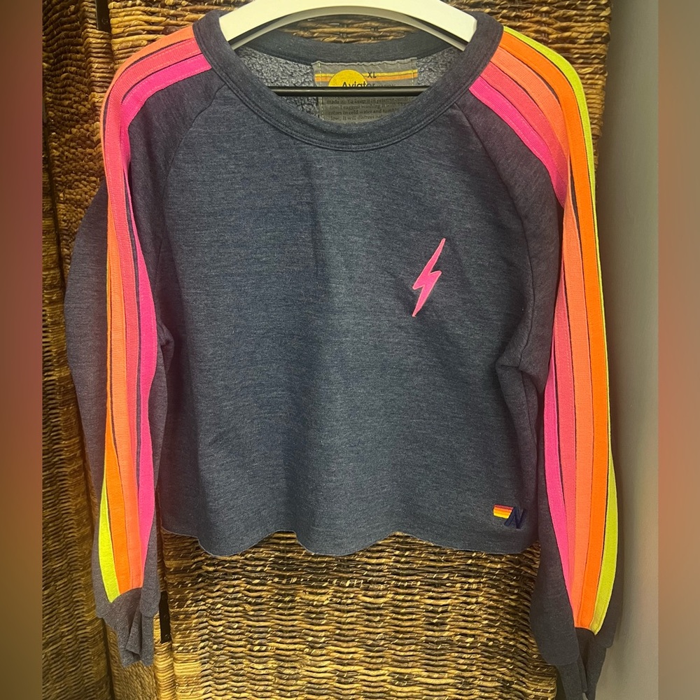Aviator Nation Navy Cropped Sweatshirt with Neon Pink, Orange & Yellow Stripes